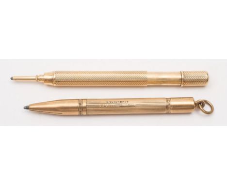 A 9ct gold propelling pencil by S Mordan & Co, London:, with reeded body and suspension ring, 11g, together with another yell