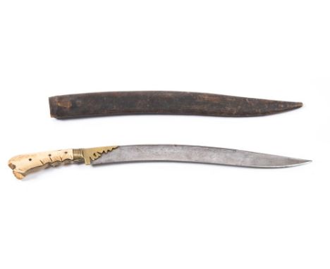 A 19th century pesh kabz:, the curved blade with clipped back tip and single fuller, engraved with floral decoration to one s