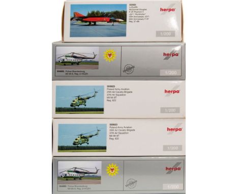 Herpa, five 1/200 scale diecast aircraft: includes, Luftwaffe F-4F Phantom II, two Polish army Mil Mi-8T helicopters and two 