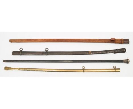 A gilt brass scabbard with double suspension loops:, together with two other scabbards and a silver topped ebony walking cane