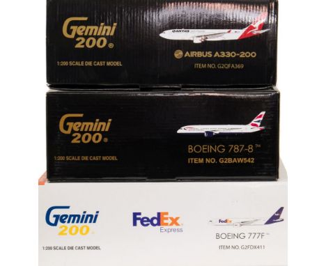 Gemini Jets, three 1/200 scale diecast airliners: includes Boeing 787-8 in BA livery, Airbus A330-200 in Qantas livery, and B