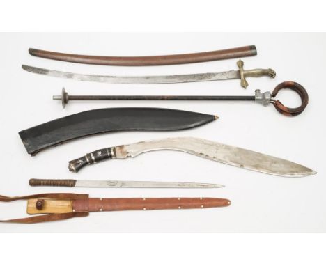 An African  short sword with leather scabbard:, together with an eagle hilt sword, an oversize kukri and a shooting stick. 