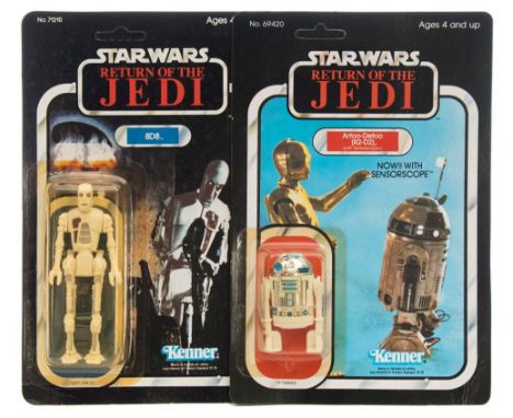 Two Star Wars 'Return Of The Jedi' 3 /3/4 inch figures by Kenner, 'Artoo-Detoo (R2-D2) with Sensorscope' and '8D8':, both on 