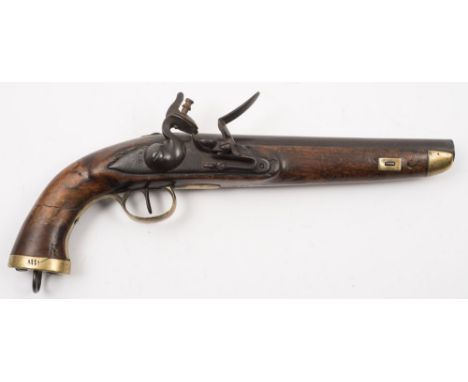 A 19th Century flintlock holster pistol:, unsigned, plain 9 inch barrel with brass capped forend, brass trigger guard and but