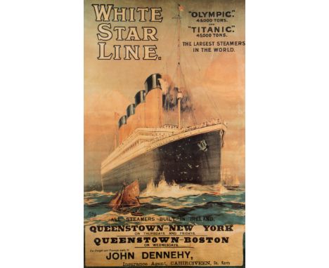 A reproduction White Star Line poster together with a brass table lamp:, (2)