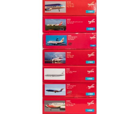 Herpa, seven 1/500 scale diecast airliners: includes Boeing 737-700, BAC 1-11-200, Airbus A320, Superjet 100, Boeing 737-100,