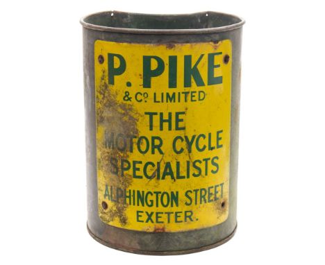 An early 20th century enamel advertising waste paper bin for 'P Pike & Co Ltd the Motorcycle Specialists, Alphington Street E