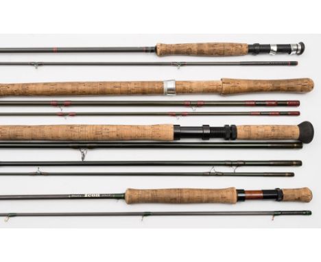 Three fishing rods, comprising a Milbro 1960s two piece solid fibre glass spinning  rod, a 19thC