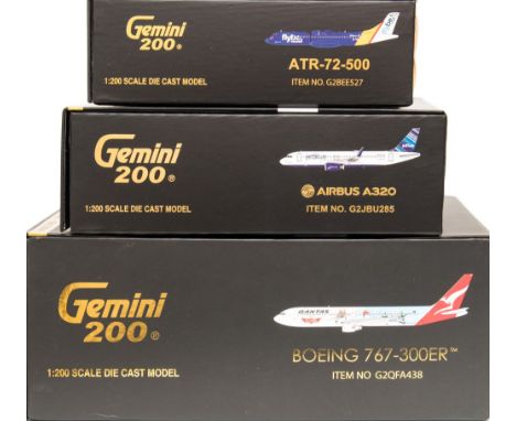 Gemini Jets, three  1/200 scale diecast airliners: includes Boeing 767-300ER, Airbus A320 and ATR-72-500 various liveries, al