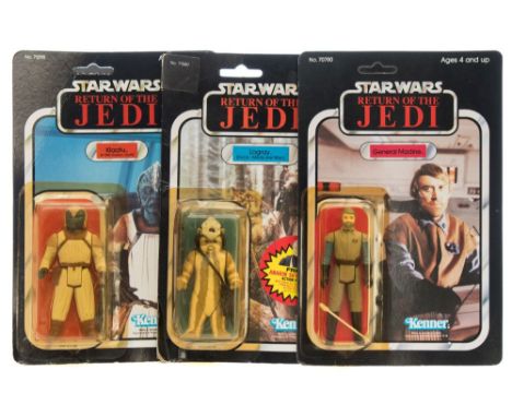 Three Star Wars 'Return Of The Jedi' 3 /3/4 inch figures by Kenner, 'Klaatu ( In Skiff Guard Outfit)', 'General Madine' and '