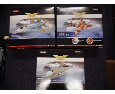 Three Corgi Aviation Archive: 1:72nd scale model aircraft, Eurofighter Typhoon, MiG-29 Fulcrum Ukrainian Falcons Display Team