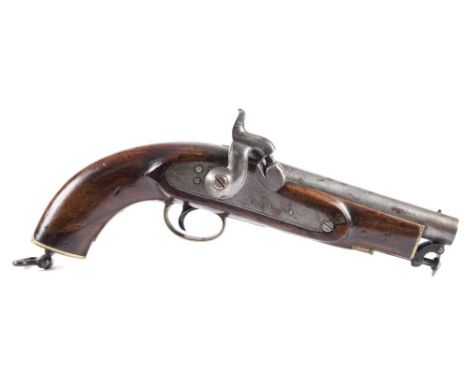 A  19th century percussion cap pistol by Wilkinson:, the plain 6 inch barrel with nipple foresight and raised bask sight, sti