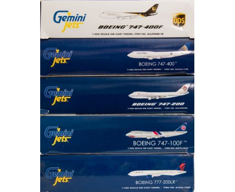 Gemini Jets, five 1/400 scale diecast airliners: includes Boeing 747-400F, Boeing 747-400, Boeing 747-200, Boeing 747-100F an