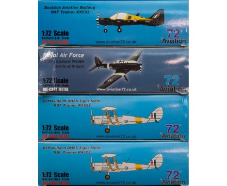 Aviation 72, four 1/72 scale diecast aircraft:, include DeHavilland Tiger Moth, DeHavilland Chipmunk, Scottish Aviation Bulld