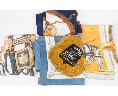 Four Hermes silk scarves:, 'Cliquetis', 'Brides de Gala', 'Jean de Bahrein' and 'Grand Apparat'.