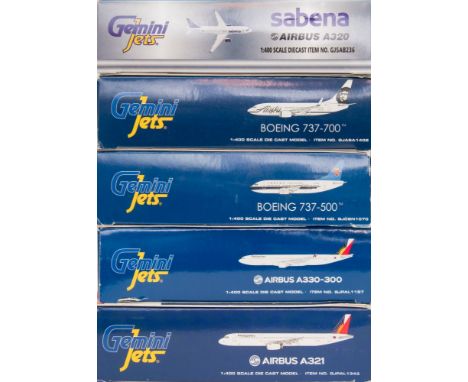 Gemini Jets, five 1/400 scale diecast airliners: includes Airbus A320, Boeing 737-700, Boeing 737-500, Airbus A330-300 and Ai