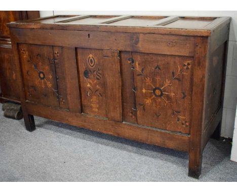 An 18th / 19th Century Panelled Oak Coffer with Inlay, 136cm by 53cm by 83cmTwo front panels split, left side panel split. So
