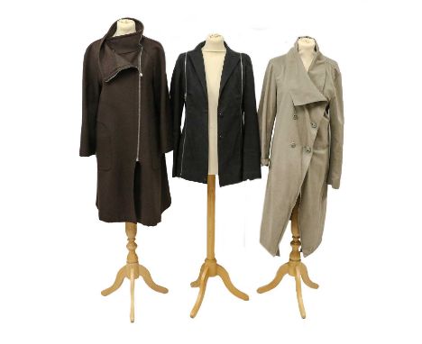 Three Modern Ladies Coats, comprising a Sportmax brown mid length coat (size 10); Pure DNKY beige mid-length coat with a butt