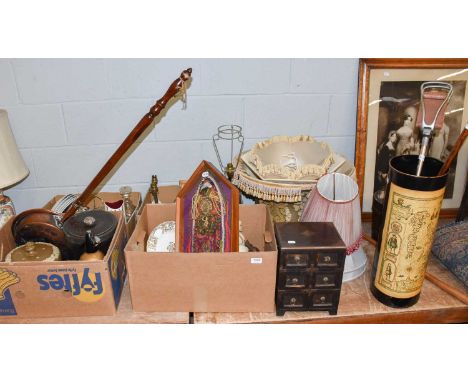 Four Boxes of Decorative Household Items, including Royal Doulton Stoneware Dinnerwares, Cleverley brown glazed teapot, coppe