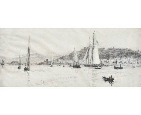 William Lionel Wyllie (1851-1931)Assorted shipping before coastal town Signed in pencil, etching, together with a further sig