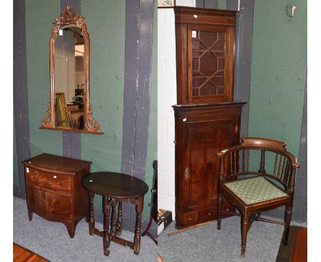 Eleven Pieces of Antique Furniture, including: a Georgian mahogany corner wash stand, a similar bow fronted side cabinet, a d