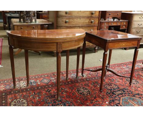 A Reproduction Demi Lune Foldover Tea Table, raised on reeded tapering supports and capped with gilt feet, 100cm by 50cm by 7