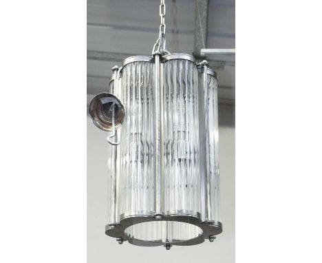 An Art Deco Style Silvered Metal Six-light Hall Lantern. of lobed form, and with fluted glass panels, 60cmThe chandelier is r