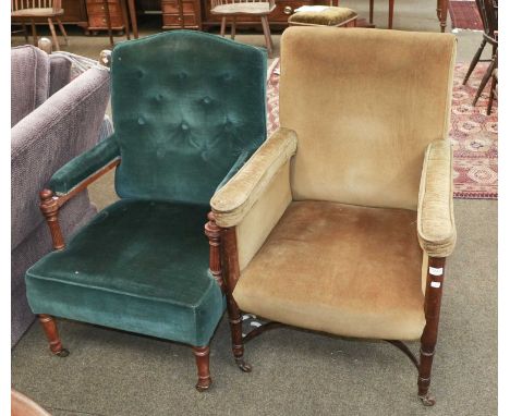 A 19th Century Mahogany Framed Armchair, on turned supports joined by Crinoline stretcher, together with a late Victorian but