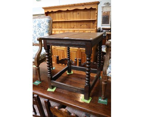 An Oak Bobbin Turned Side Table, 17th century, with reeded frieze and bar stretchers, 56cm square by 65cmThe top is later, fo