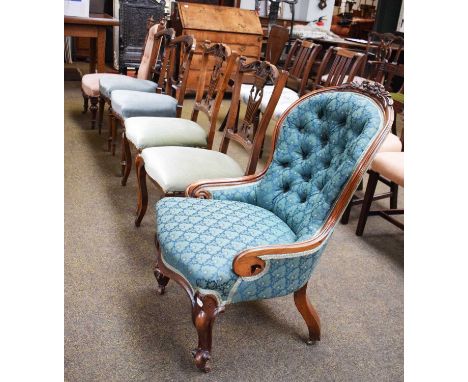 Six Victorian Chairs, comprising two pairs of mahogany dining chairs, a mahogany framed and buttoned ladies chair and a butto