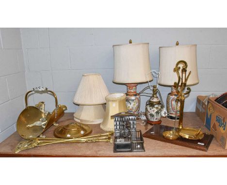 A Set of Brass Scales on Wooden Plinth, makers Librasco, together with a quantity of other brassware, a pair of Chinese style