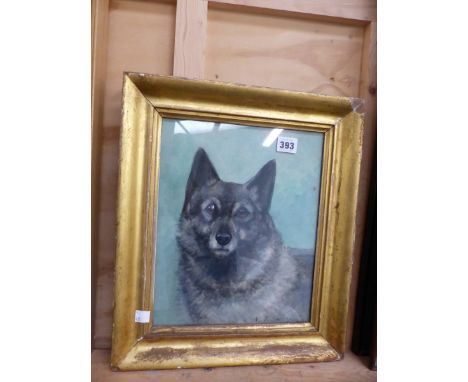 A GILT FRAMED PORTRAIT OF A DOG BY MISS SECKHAM. 