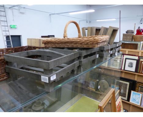 VINTAGE STYLE CRATES, THREE LIGHT FITTINGS, BASKETS ETC. 