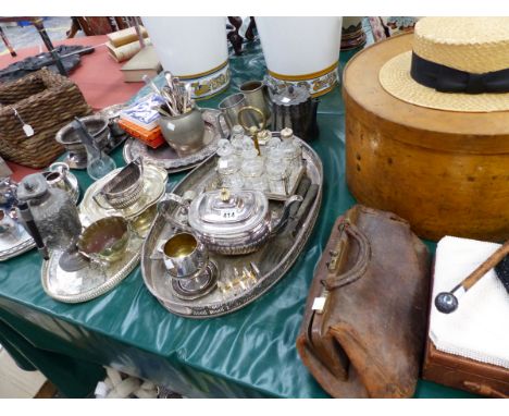 A QUANTITY OF PLATED WARES, A STRAW BOATER, CRUET SET, A SWAGGER STICK ETC. 