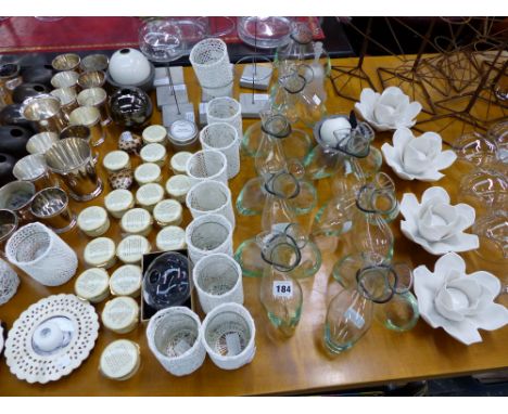 A LARGE COLLECTION OF TEA LIGHT STANDS, CANDLE STANDS, ENAMEL BOXES ETC. 