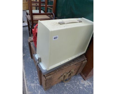 A SEWING MACHINE, A PAINTED SIDE CHAIR AND A TOOL BOX ETC.&nbsp;