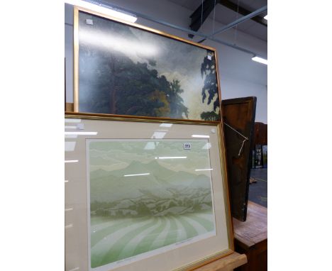 A LARGE OIL PAINTING OF RIVER BRIDGE, AND A SIGNED LIMITED EDITION PRINT. 