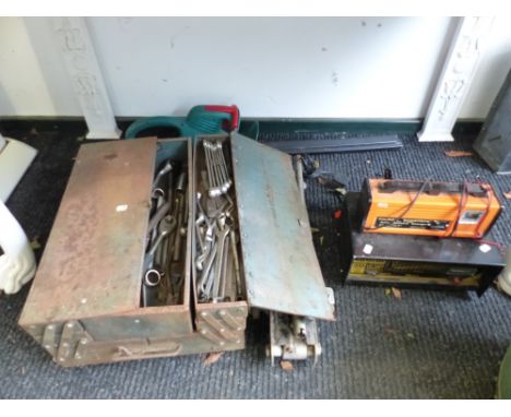 A QUANTITY OF TOOLS, CAR JACK ETC
