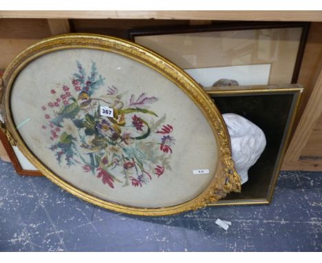 ANTIQUE NEEDLEPOINT PANEL, A WATERCOLOUR ETC.