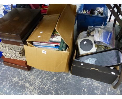 A QUANTITY OF BOOKS, VARIOUS CUTLERY BOXES, GLASS LIGHT SHADES, ETC. 