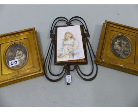 AN ART NOUVEAU BRASS FRAME, TWO 19th C. ENGRAVINGS AND A WATERCOLOUR PORTRAIT, ETC.