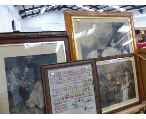 A LARGE MAPLE FRAMED PRINT, A NEEDLE POINT SAMPLER, AND THREE FURTHER PRINTS. 