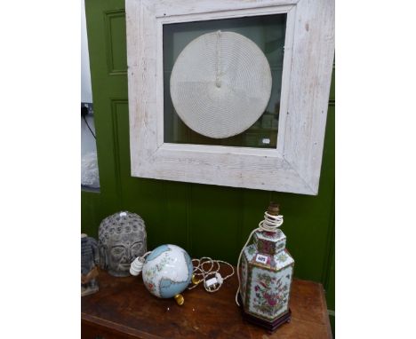 AN ORIENTAL STYLE TABLE LAMP, A FRAMED PANEL, DEITY HEAD ORNAMENT ETC. 