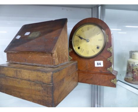 A VICTORIAN WALNUT MANTLE CLOCK AND TWO WRITING BOXES. 
