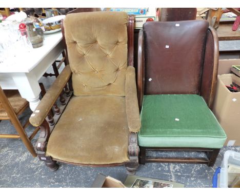 A LARGE VICTORIAN ARM CHAIR AND AN ART DECO LOW CHAIR. 