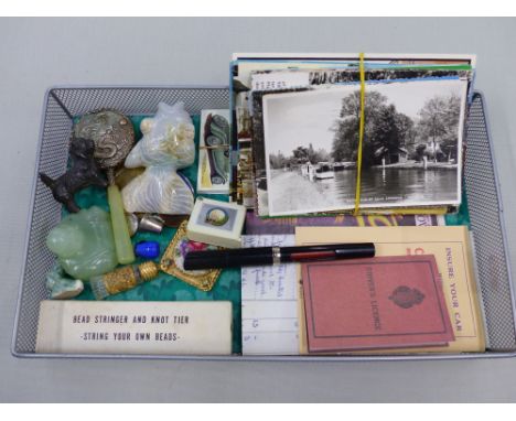 TWO CARVED HARDSTONE FIGURES, VINTAGE POSTCARDS, ETC. 