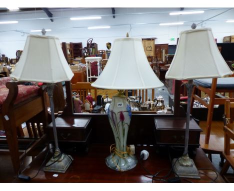 AN ART GLASS TABLE LAMP, AND A PAIR OF LAMPS. 