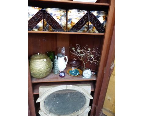 A COLLECTION OF DECORATIVE CHINA AND GLASS, A VINTAGE WINDOW ETC. 
