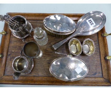 A VICTORIAN HALLMARKED SILVER CREAM JUG AND MATCHING SUGAR BASIN, SILVER BACKED BRUSHES, TWO SILVER SALTS A VASE ETC. 