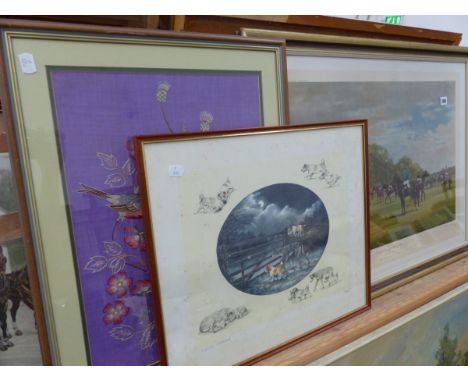 SIGNED LIMITED EDITION HORSE RACE PRINT BY MADELINE SELFE, TWO FURTHER PRINTS AND AN EMBROIDERY. 